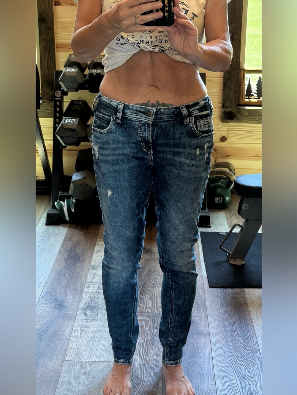 Silver Jeans Boyfriend Women’s Dark Blue Distressed Slim Jeans